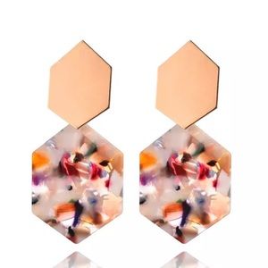 Gold multi resin acrylic hexagon drop earrings